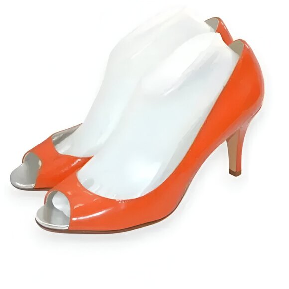 J Crew Orange Silver Patent Leather Open Peep Toe Autumn Fall Pumps Heels 9 - Picture 1 of 9